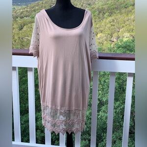 Kaktus Tan Tunic Top Sheer Lace Trim‎